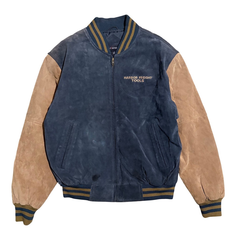 Port Authority Harbor Freight Suede Leather Bomber Jacket Mens Medium Navy Tan